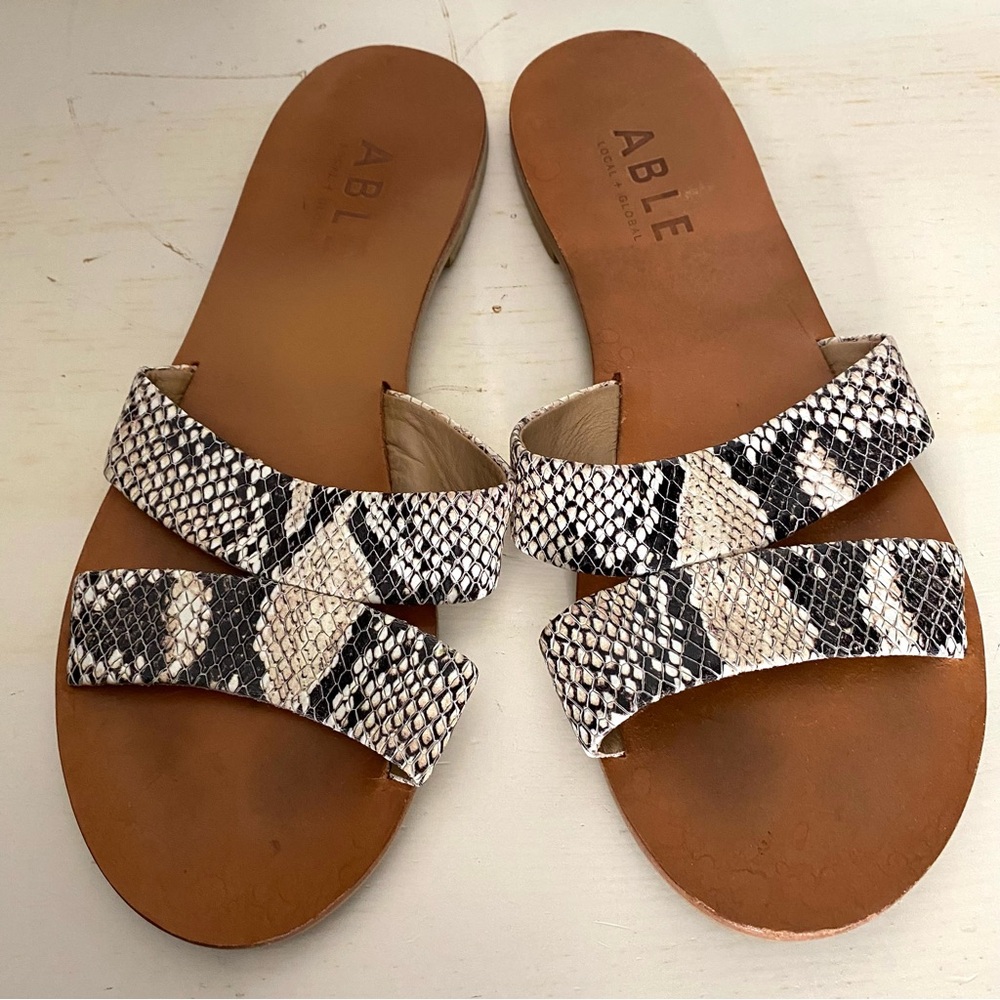 ABLE Leather Snakeskin Slide Sandals Made In Brazil Slip On Leather Lined